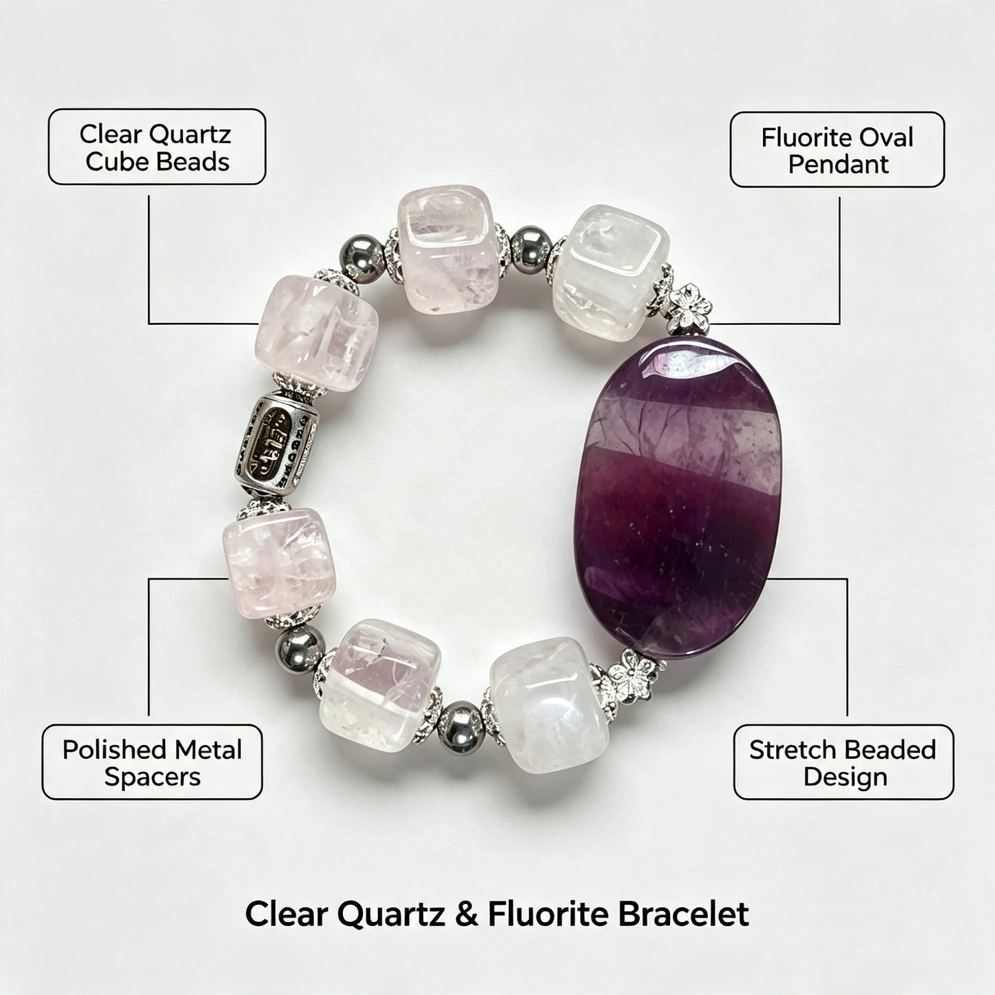 Clear Quartz & Purple Fluorite Bracelet, 16mm Cube Clear Quartz Beads Handmade Stone Jewelry for Women Men