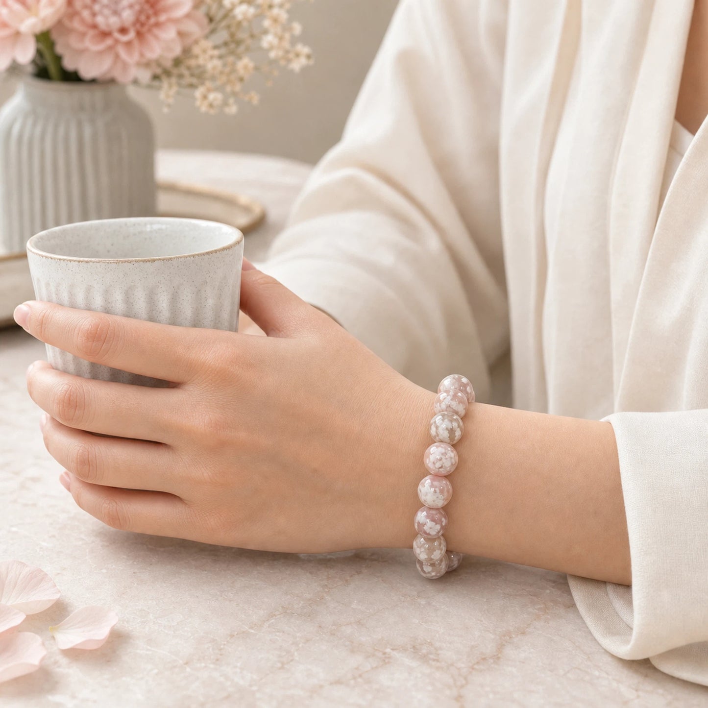 Flower Agate Round Beaded Bracelet, 16mm Polished Stone Bead Bracelet, Handmade Fashion Jewelry Accessory for Women, Collection & Gift Ornament