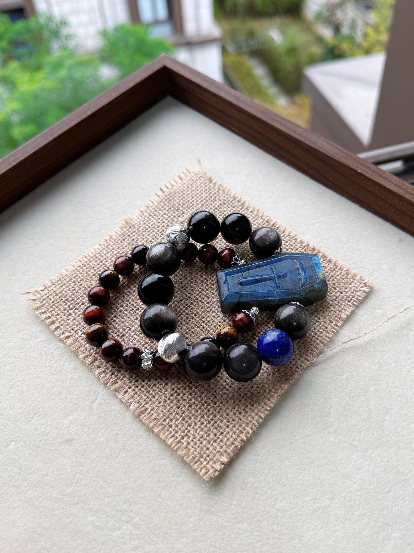 Silver obsidian & tigers eye & labradorite tomb original design bracelet