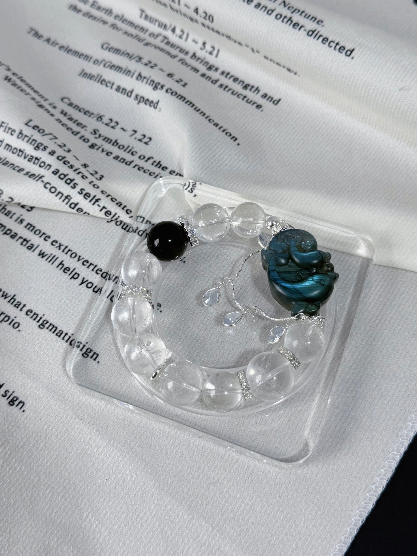 Clear quartz & silver obsidian & labradorite dolphin original design bracelet