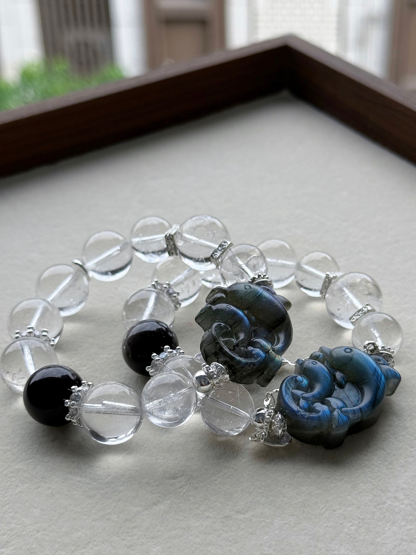 Clear quartz & silver obsidian & labradorite dolphin original design bracelet