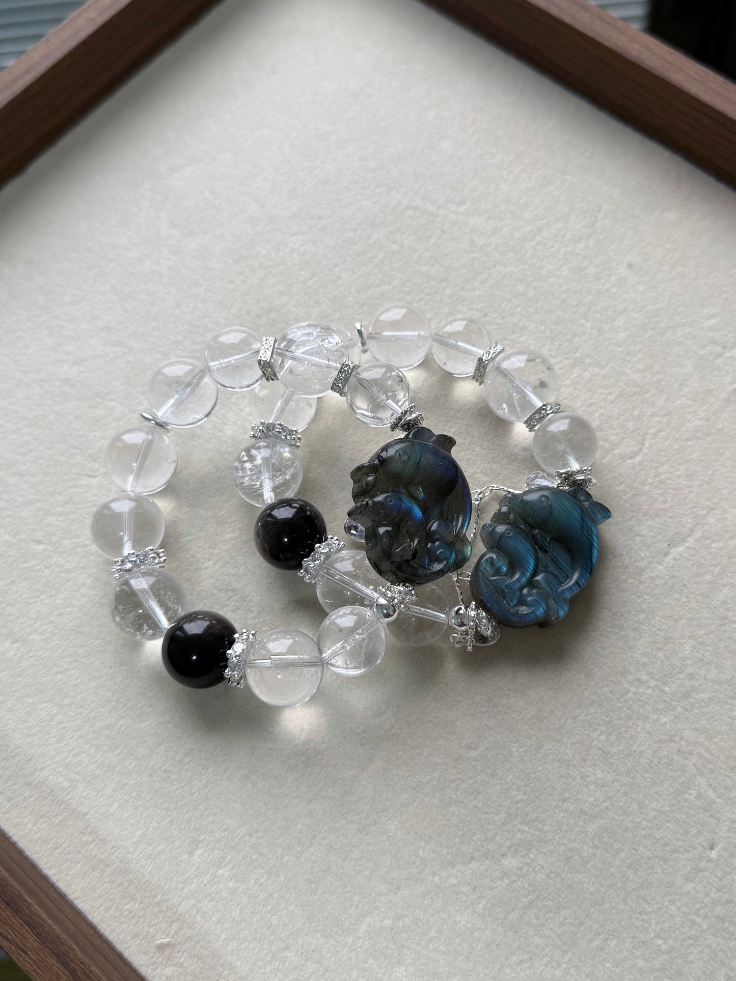 Clear quartz & silver obsidian & labradorite dolphin original design bracelet