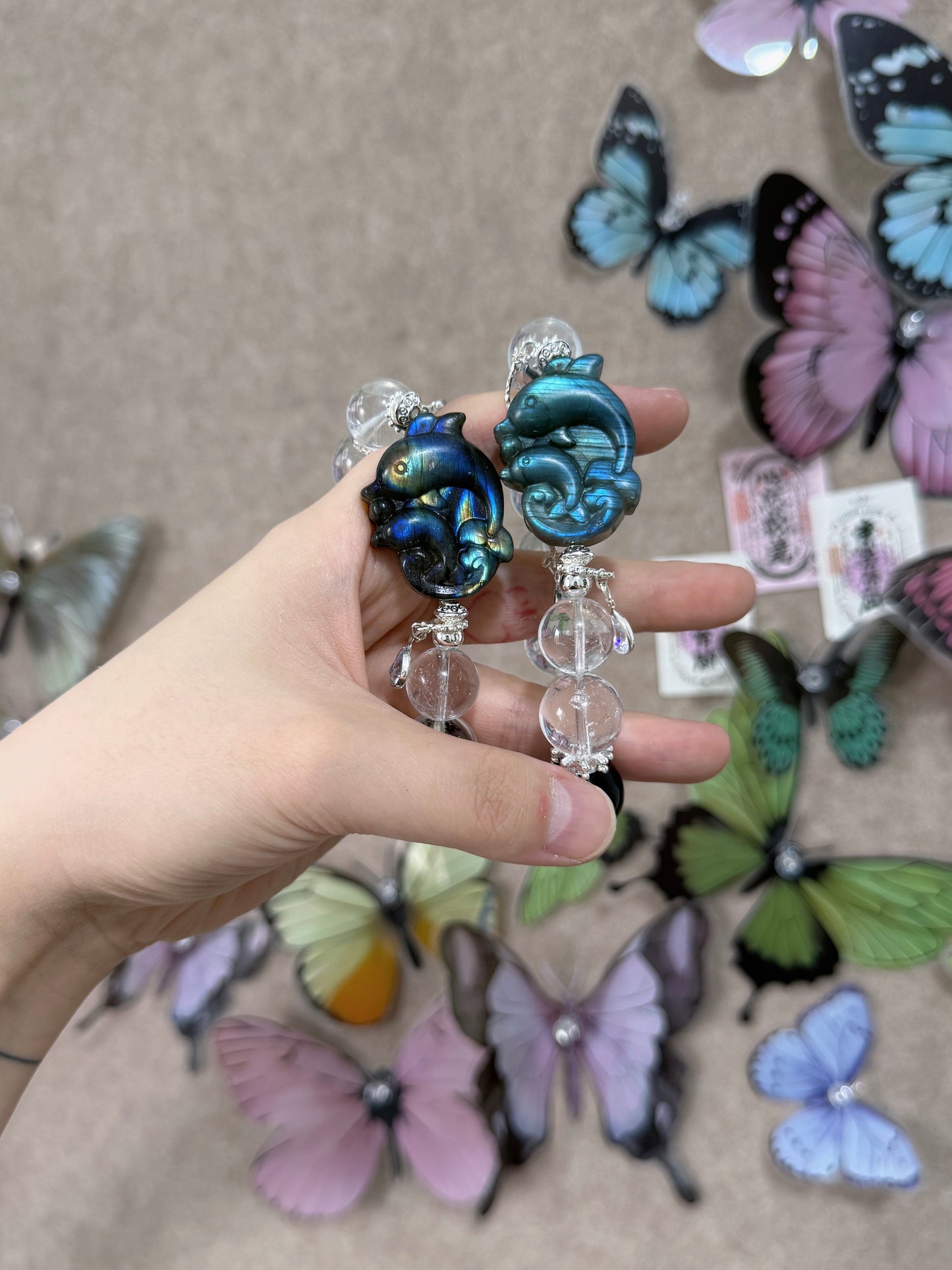 Clear quartz & silver obsidian & labradorite dolphin original design bracelet