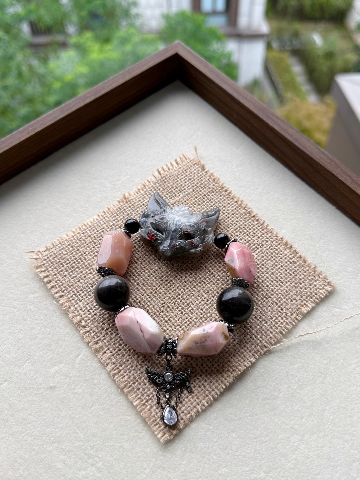 Pink opal & bloodstone fox original design bracelet Chunky beads