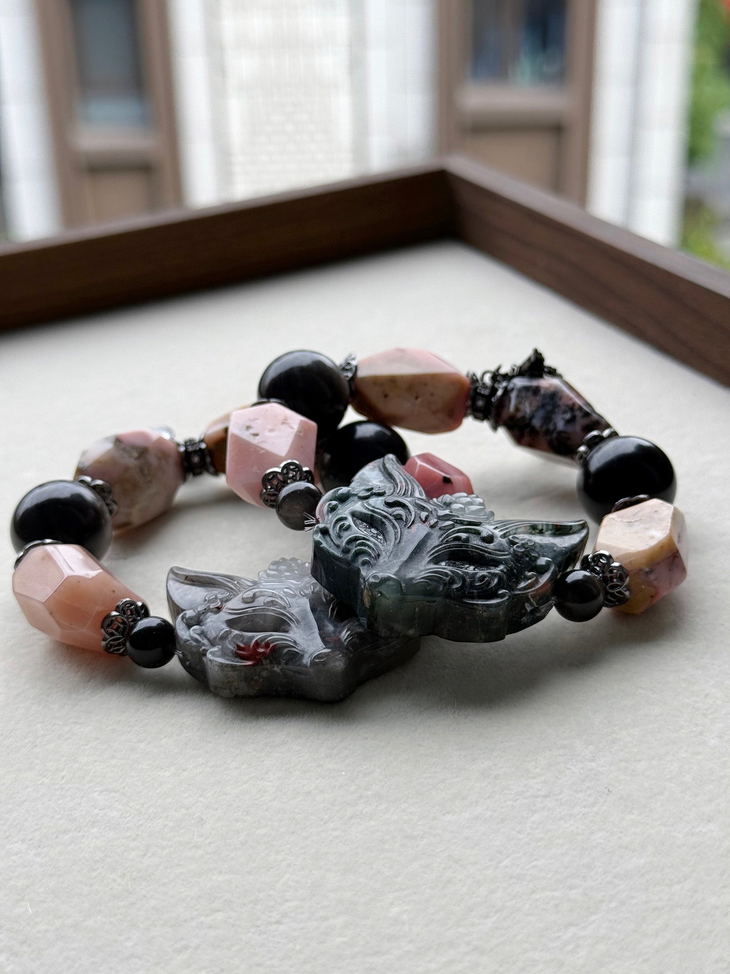 Pink opal & bloodstone fox original design bracelet Chunky beads