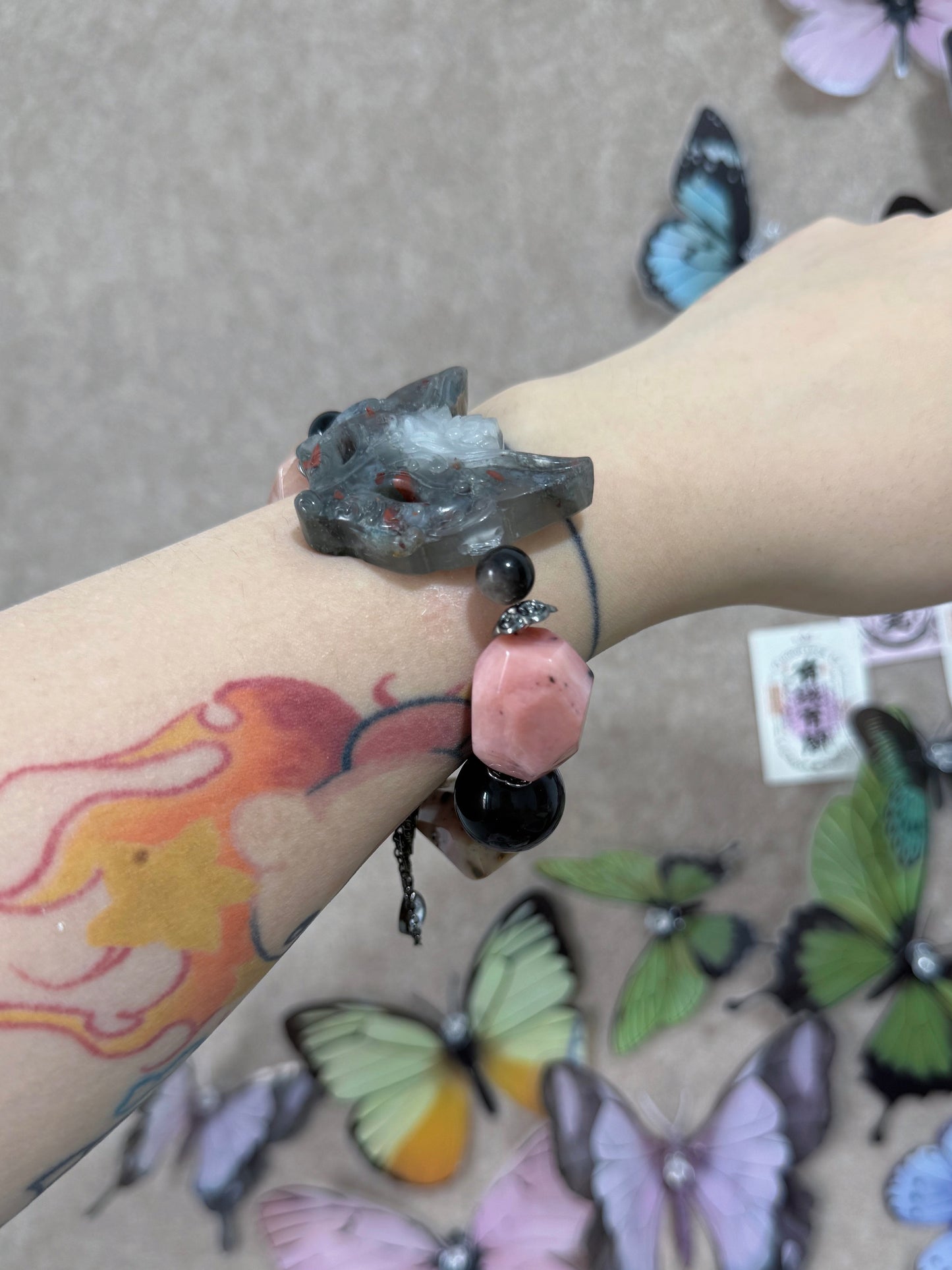 Pink opal & bloodstone fox original design bracelet Chunky beads