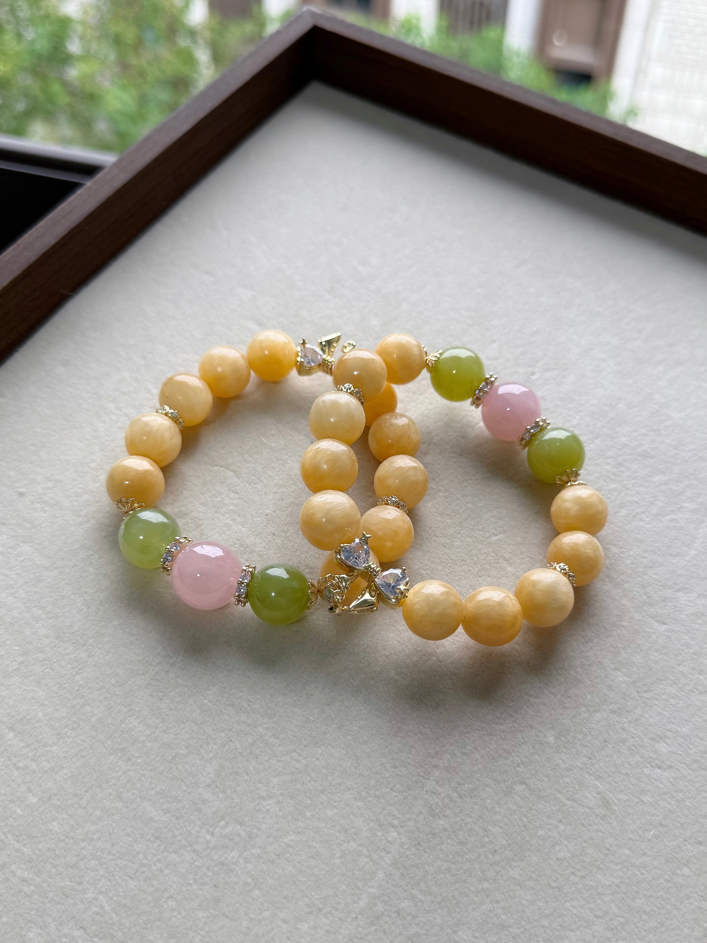 Yellow calcite & serpentine jade & rose quartz original design bracelet