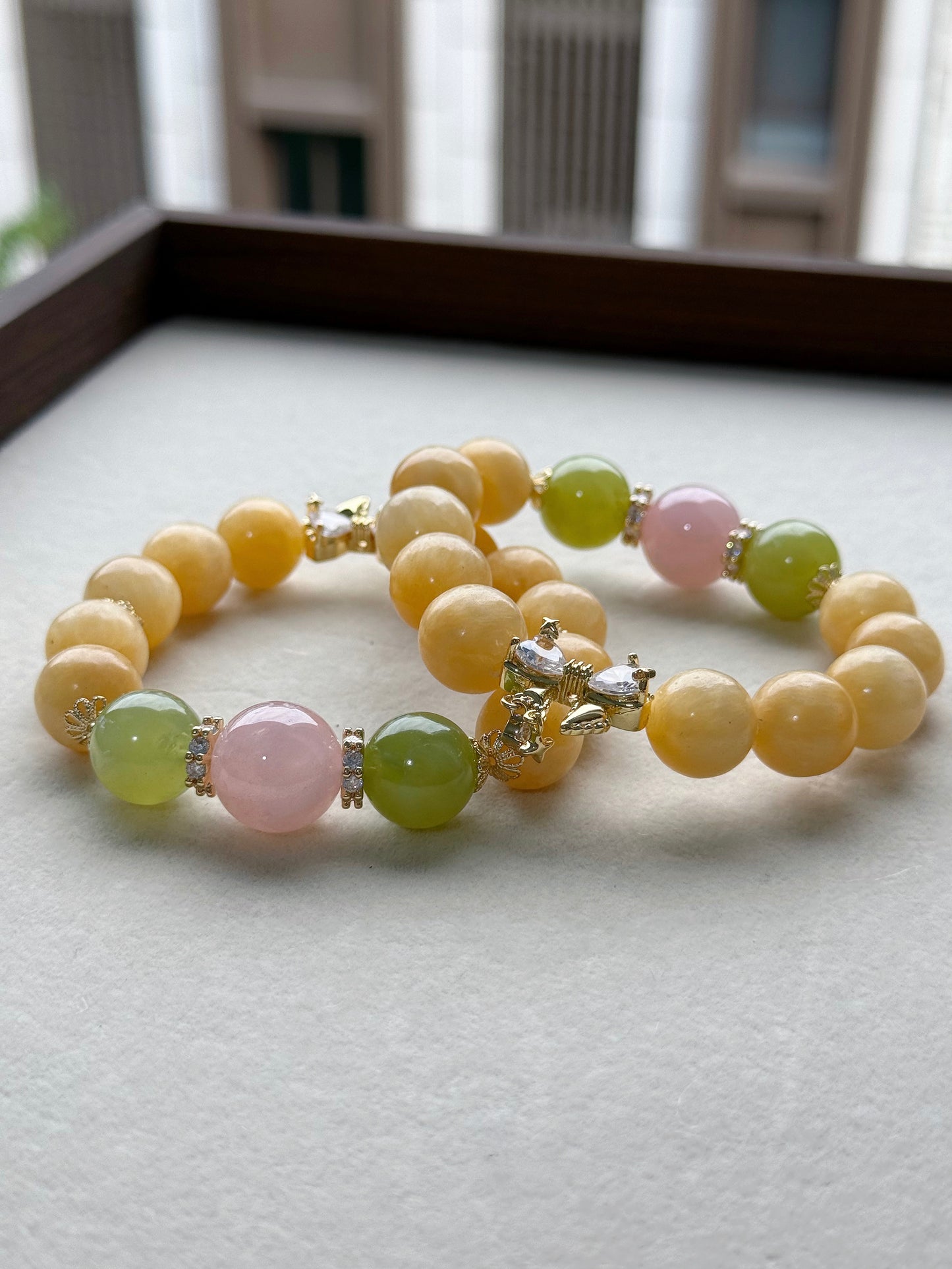 Yellow calcite & serpentine jade & rose quartz original design bracelet