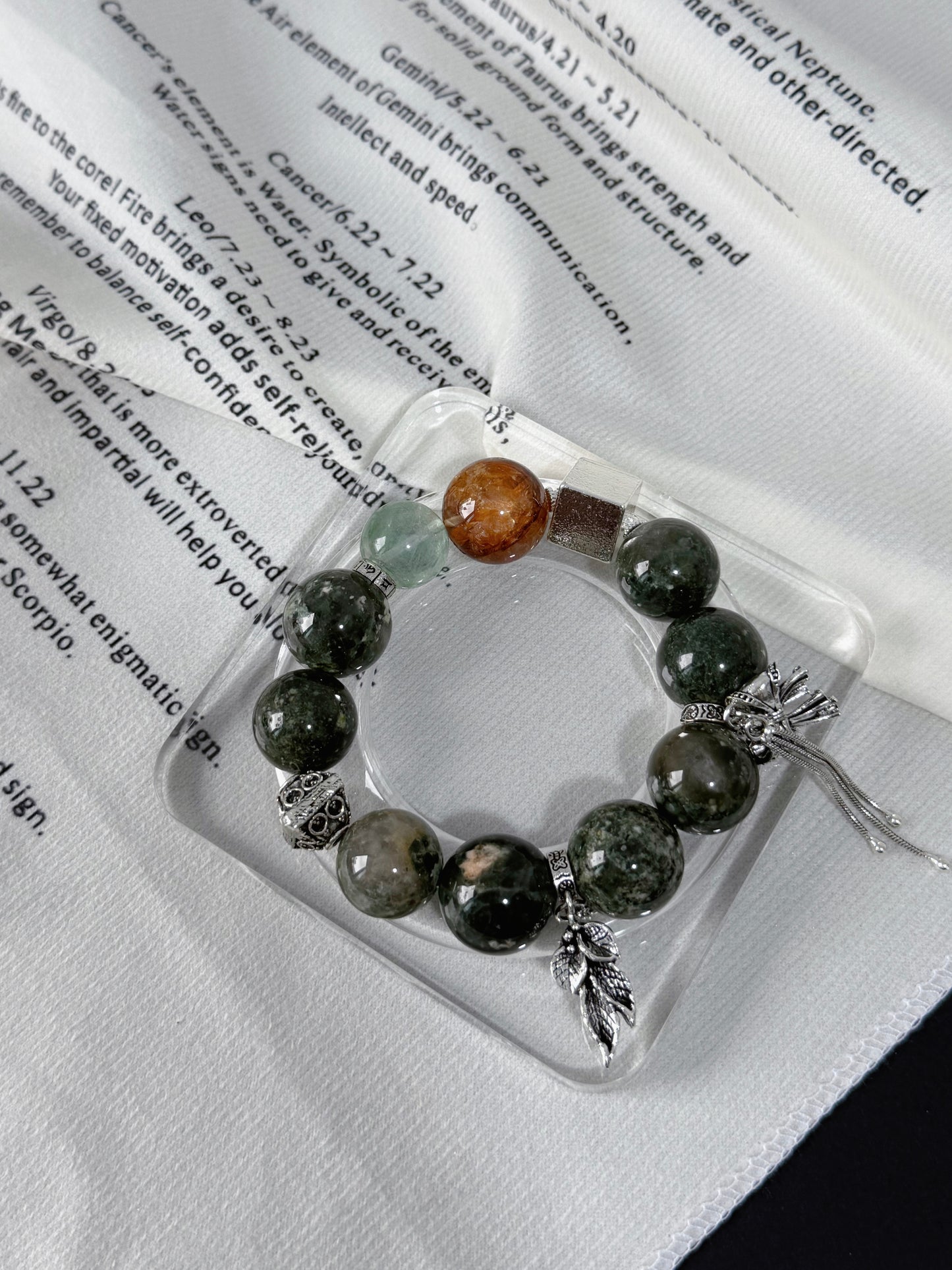 Green rabbit fur & golden healer & green fluorite original design bracelet Chunky beads
