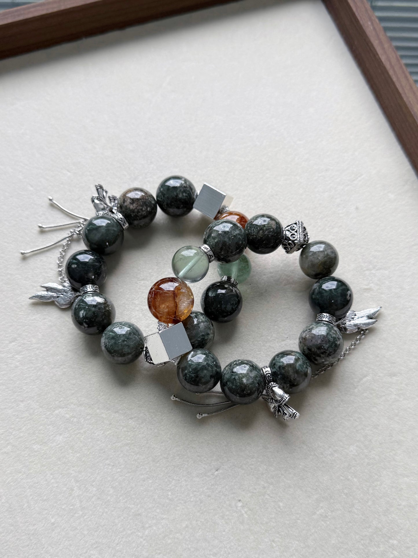 Green rabbit fur & golden healer & green fluorite original design bracelet Chunky beads