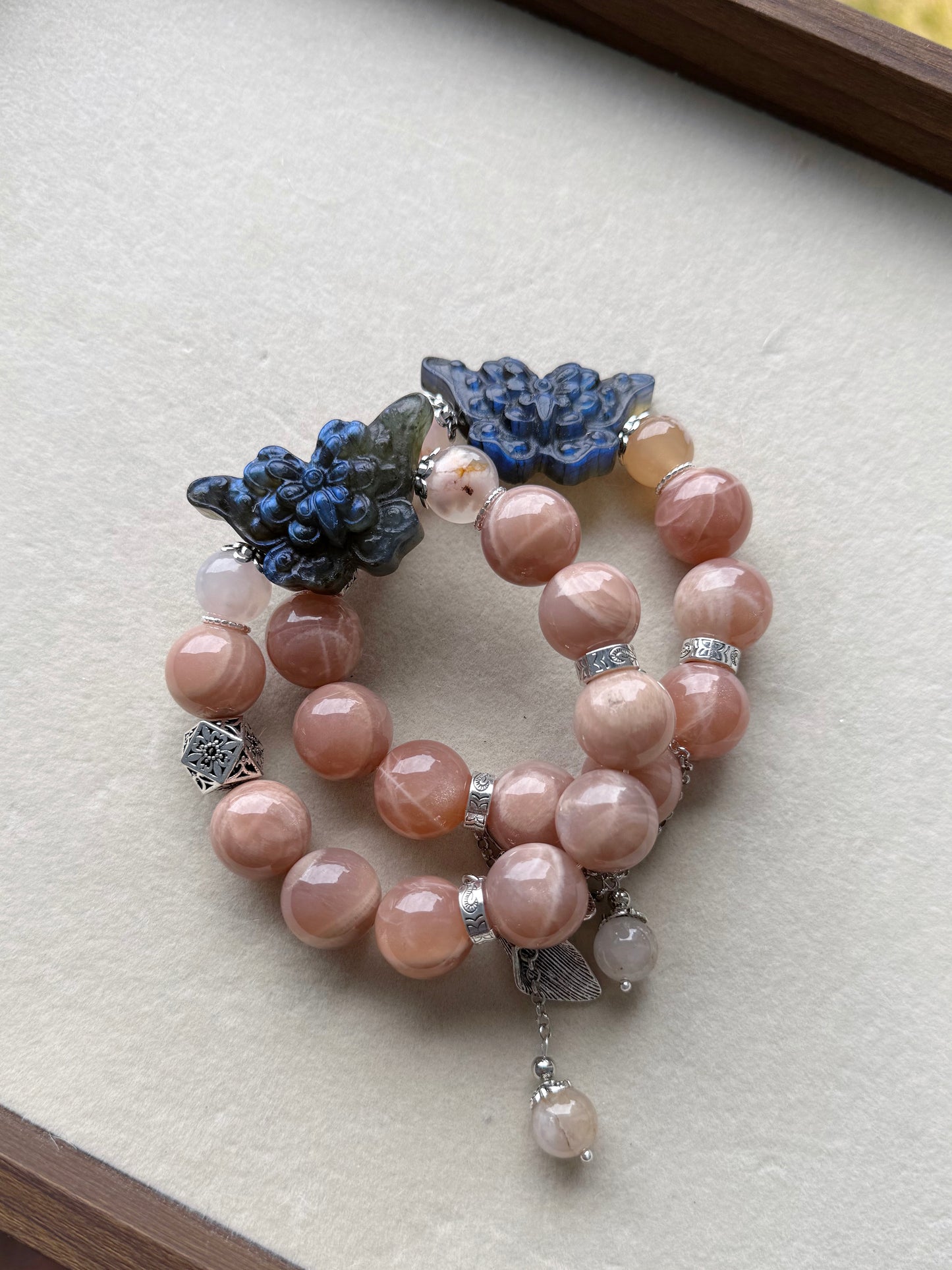 Peach moonstone & labradorite butterfly original design bracelet