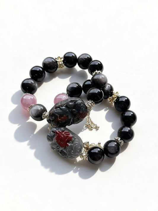 silver obsidian & bloodstone fox & rose quartz original design bracelet