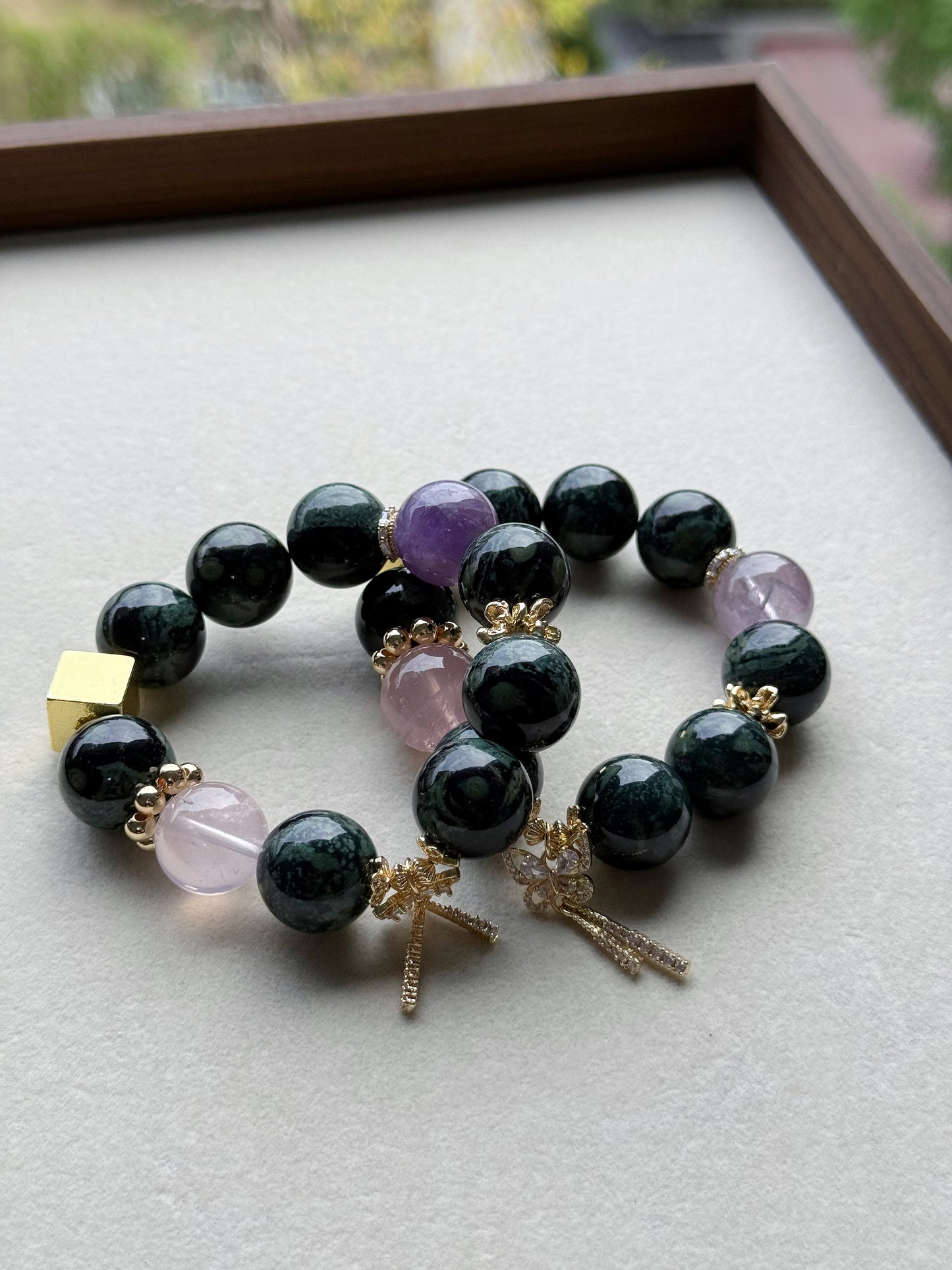 Kambaba jasper &rose quartz & amethyst original design bracelet Chunky beads