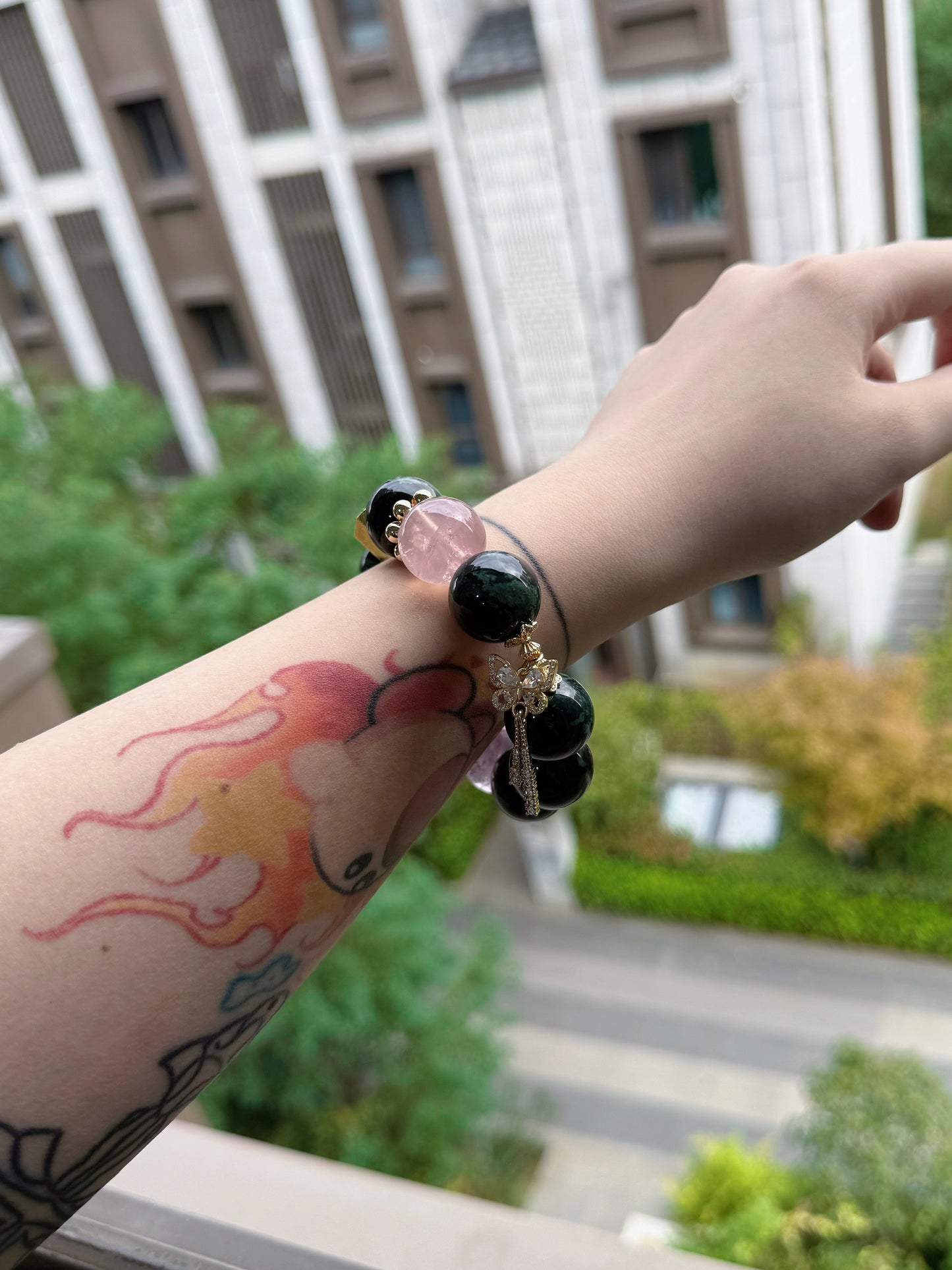 Kambaba jasper &rose quartz & amethyst original design bracelet Chunky beads