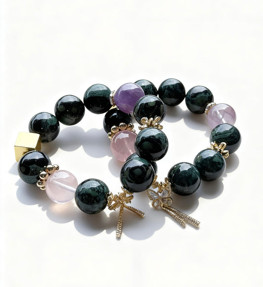 Kambaba jasper &rose quartz & amethyst original design bracelet Chunky beads