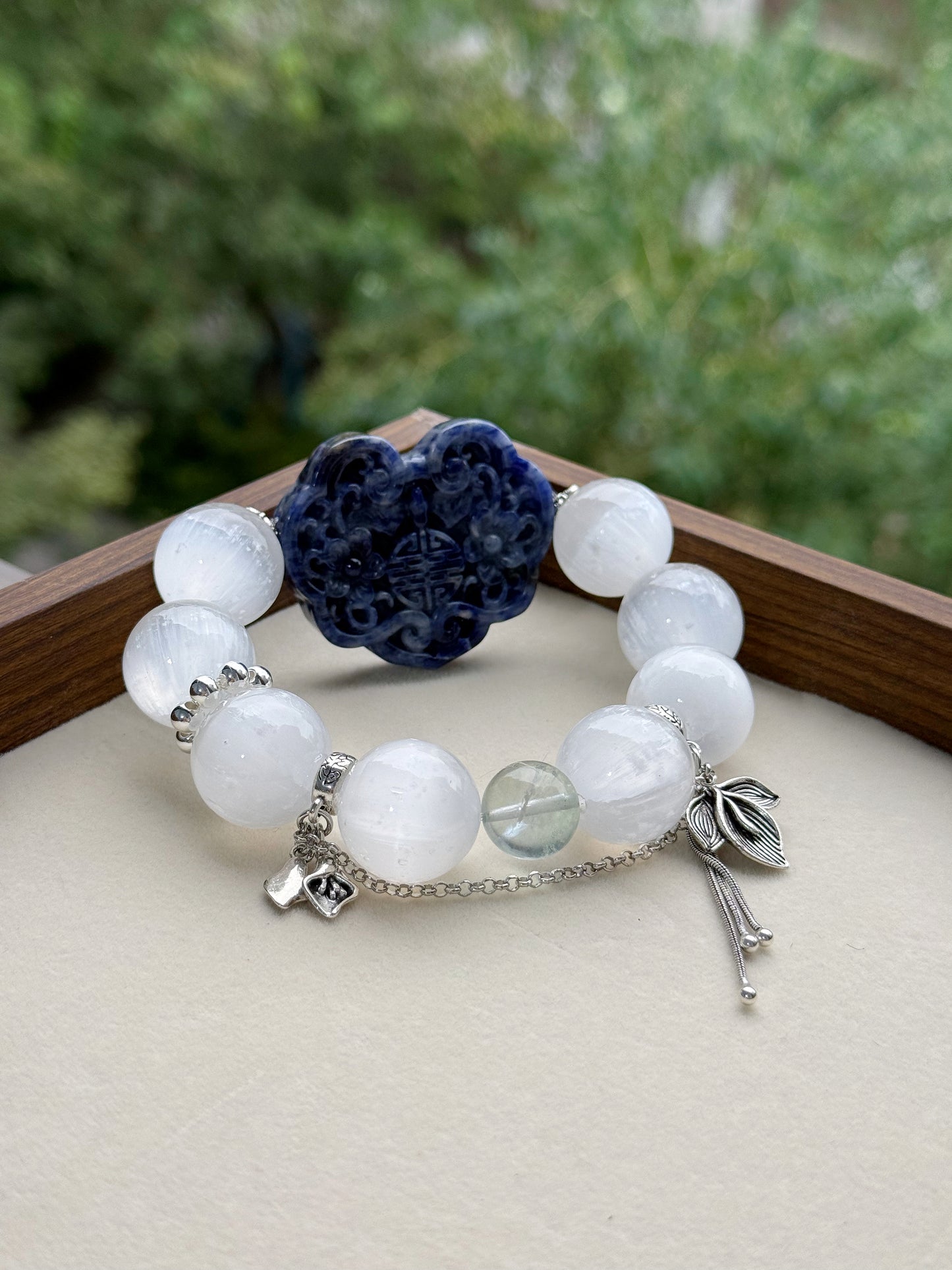 Selenite & sodalite RuYi  original design bracelet Chunky beads