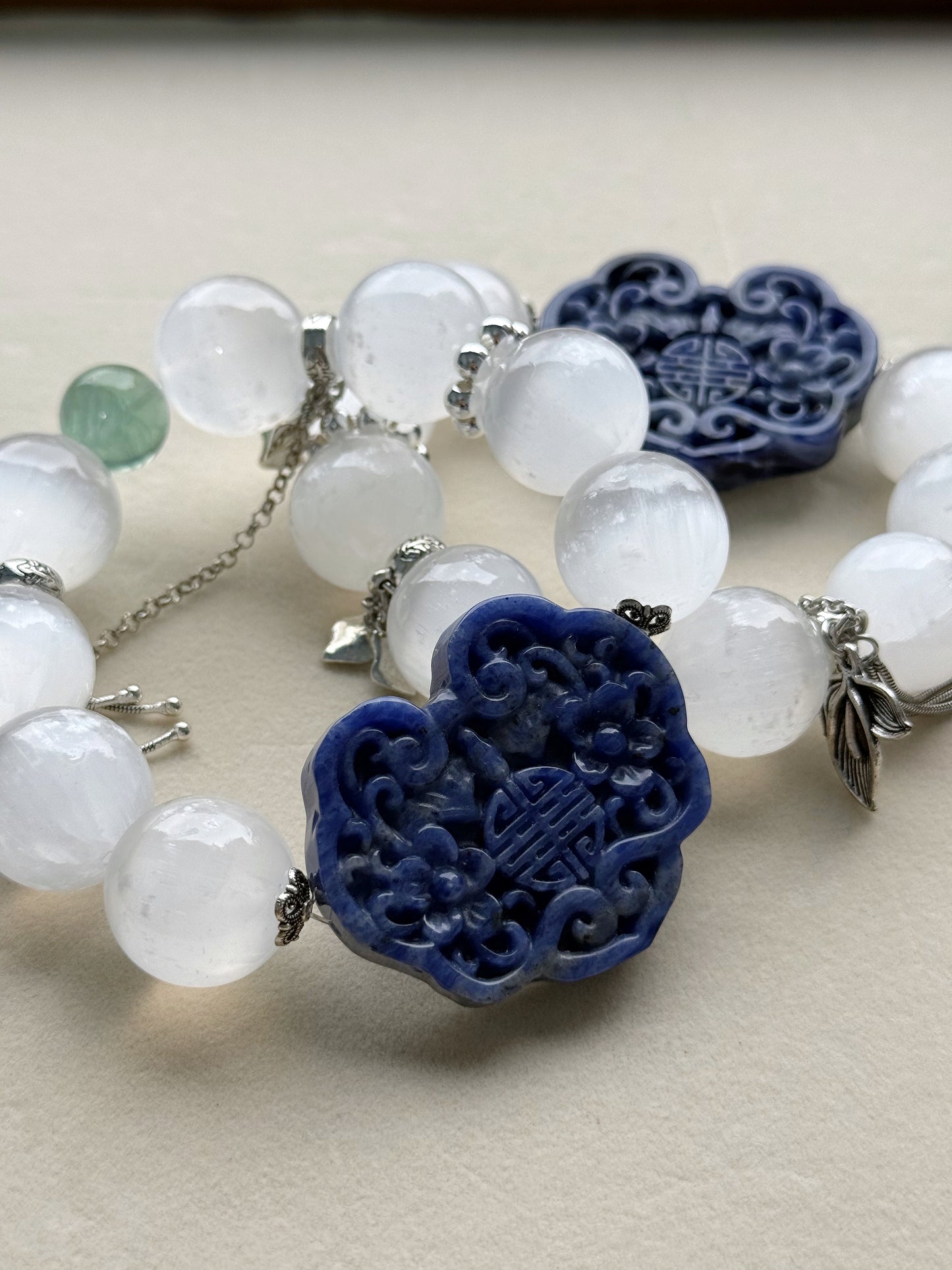 Selenite & sodalite RuYi  original design bracelet Chunky beads
