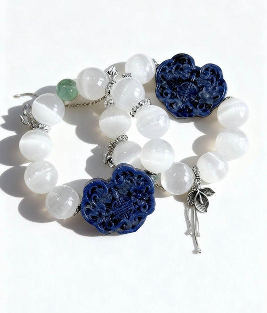 Selenite & sodalite RuYi  original design bracelet Chunky beads