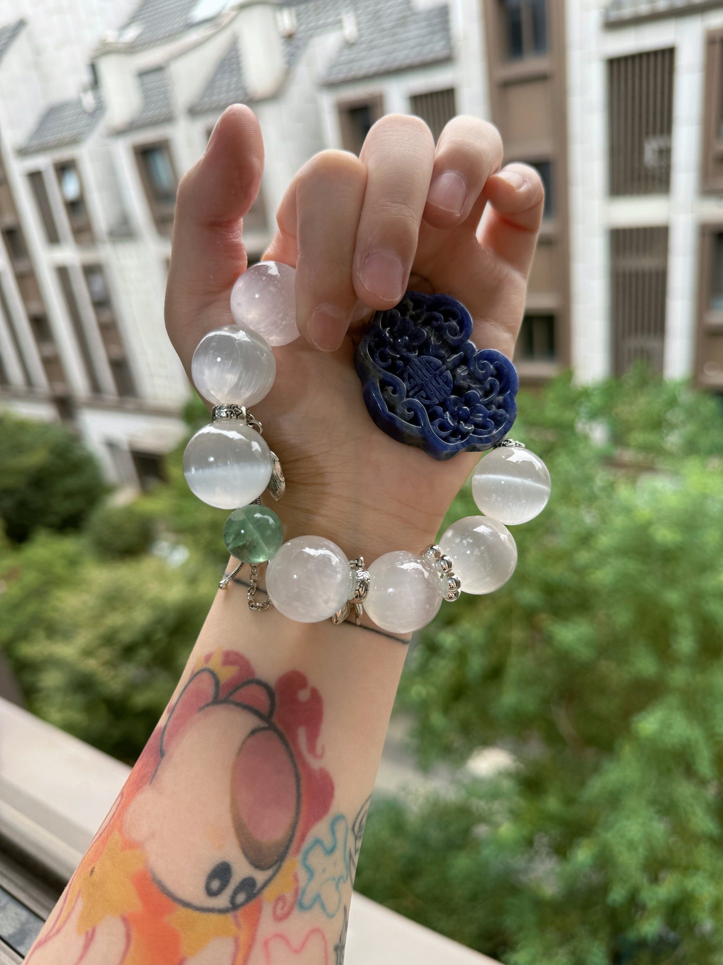 Selenite & sodalite RuYi  original design bracelet Chunky beads