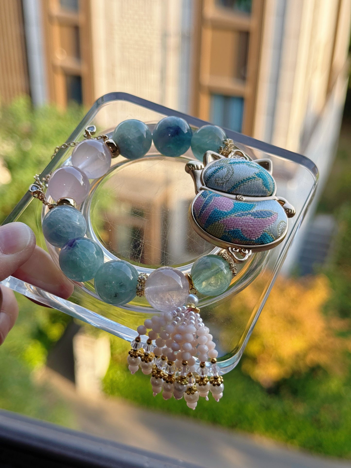 Feather fluorite & rose quartz original design bracelet