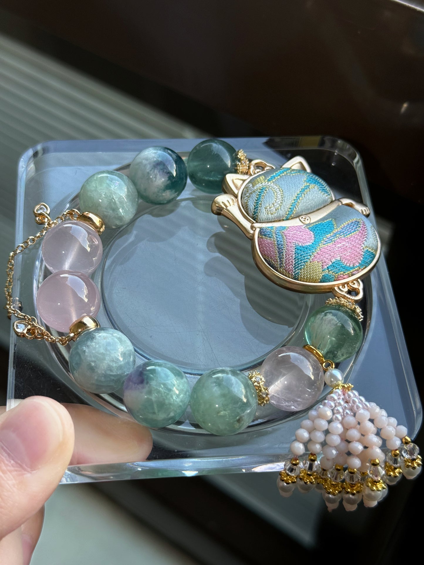 Feather fluorite & rose quartz original design bracelet
