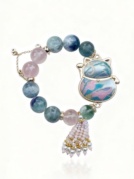 Feather fluorite & rose quartz original design bracelet