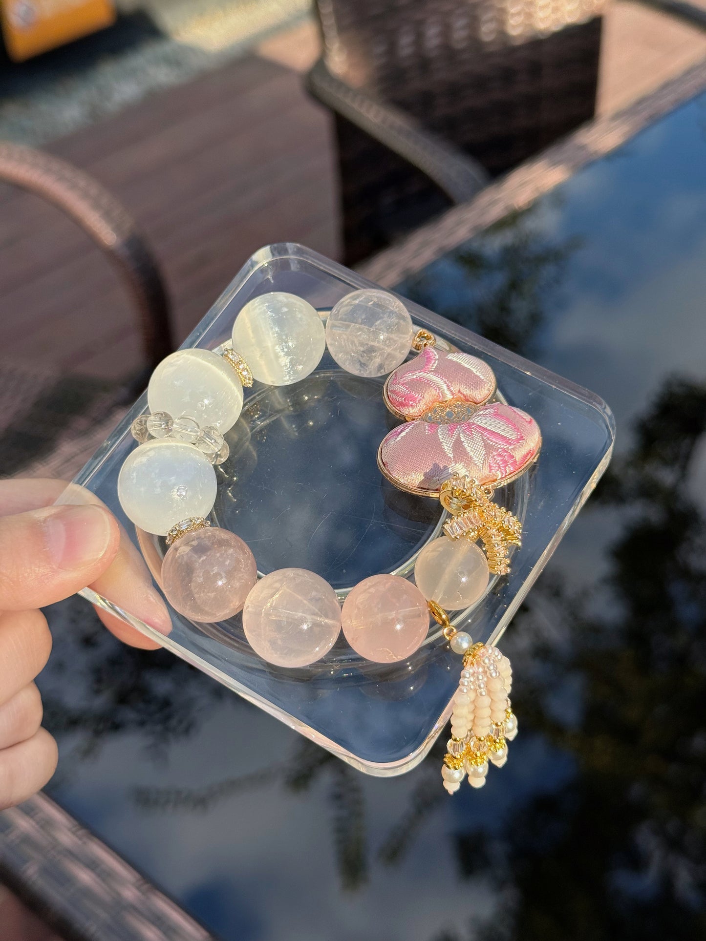 Rose quartz & selenite original design bracelet Chunky beads