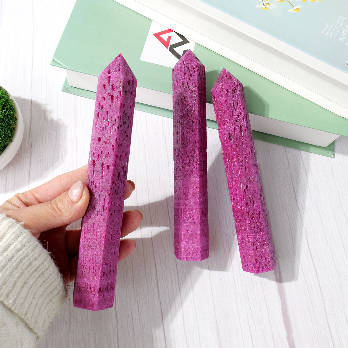 Natural red corundum hexagonal crystal column