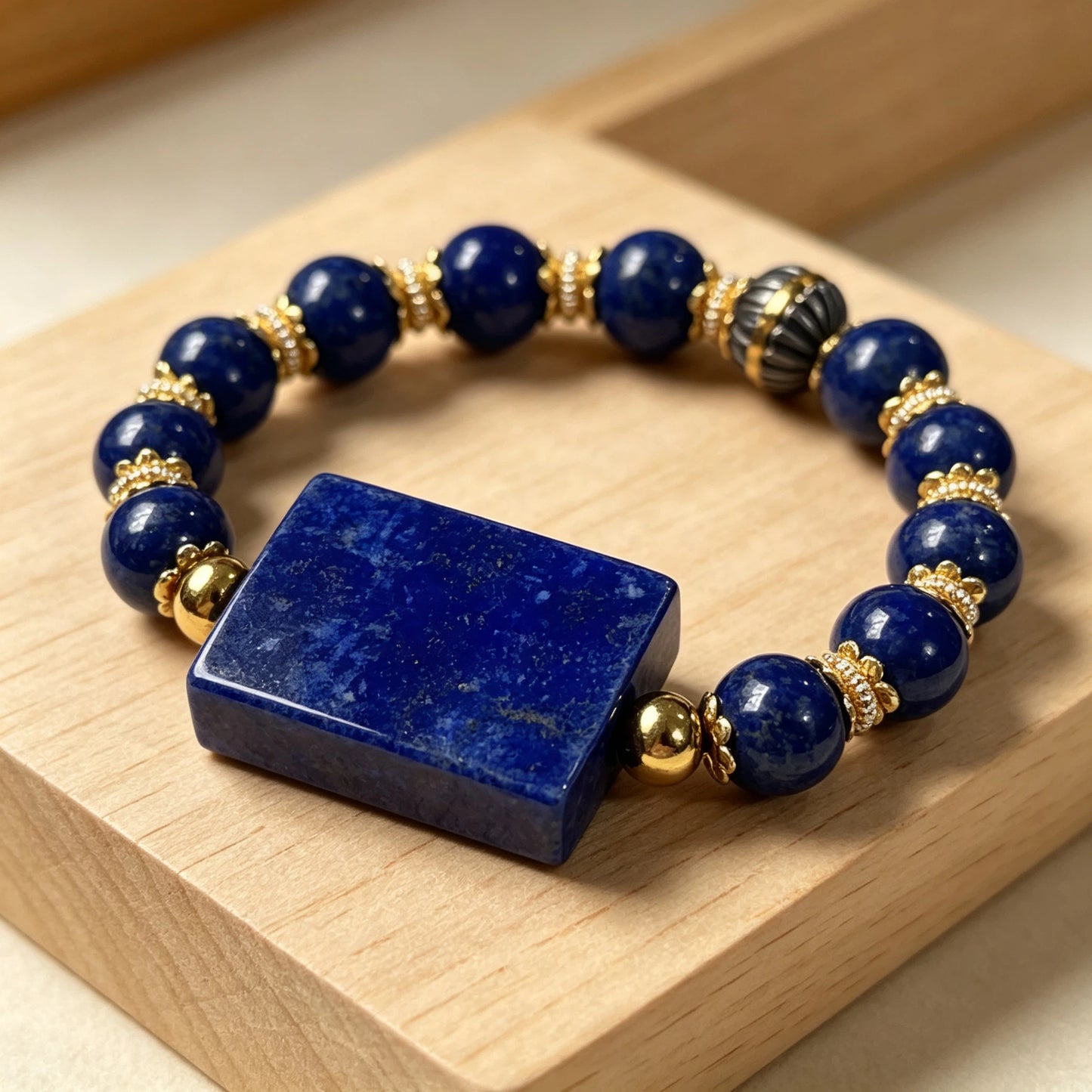 12mm Lapis Lazuli Bracelet with Rectangle Pendant, Handmade Natural Stone Beaded Jewelry for Men Women