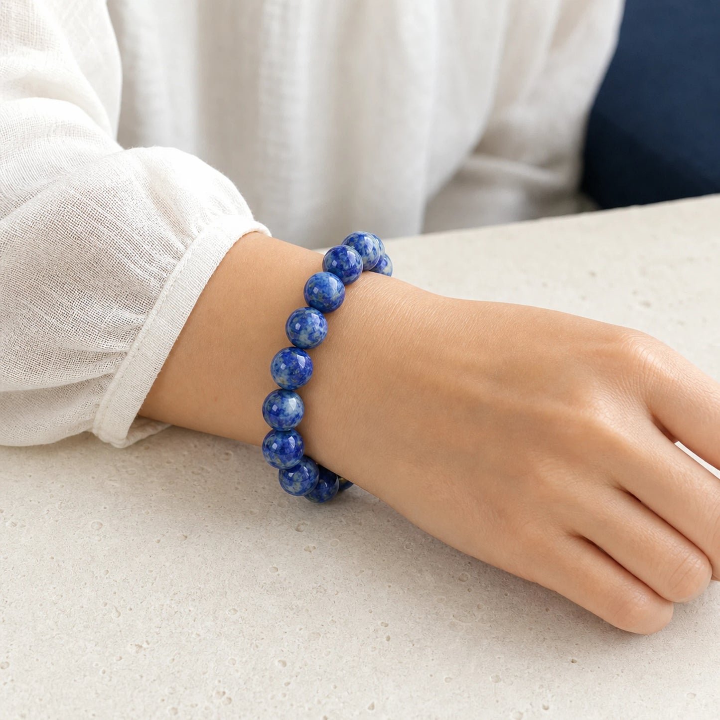 Lapis Lazuli Round Beaded Bracelet, 16mm Smooth Polished Stone Bead Bracelet, Handmade Fashion Jewelry Accessory for Men Women, Ideal Gift & Collection Ornament