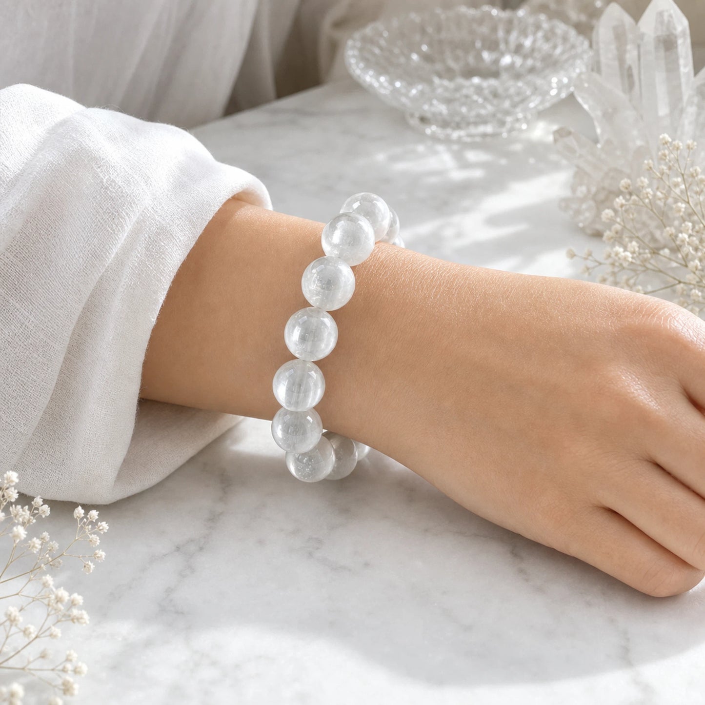 Selenite Round Beaded Bracelet, 20mm Smooth Polished Stone Bead Bracelet, Handmade Fashion Jewelry Accessory for Men Women, Gift & Collection Ornament