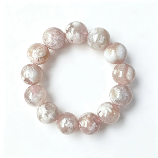 Flower Agate Round Beaded Bracelet, 16mm Polished Stone Bead Bracelet, Handmade Fashion Jewelry Accessory for Women, Collection & Gift Ornament