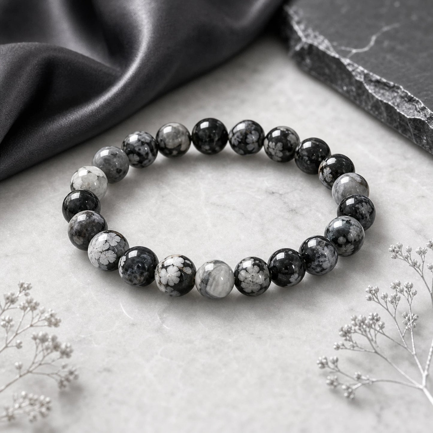 12mm Black Flower Agate Round Beaded Bracelet, Polished Stone Bead Bracelet, Handmade Jewelry Gift for Men Women