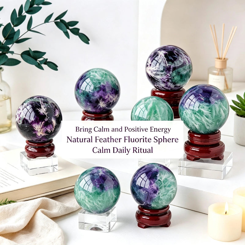 Natural feather fluorite crystal ball