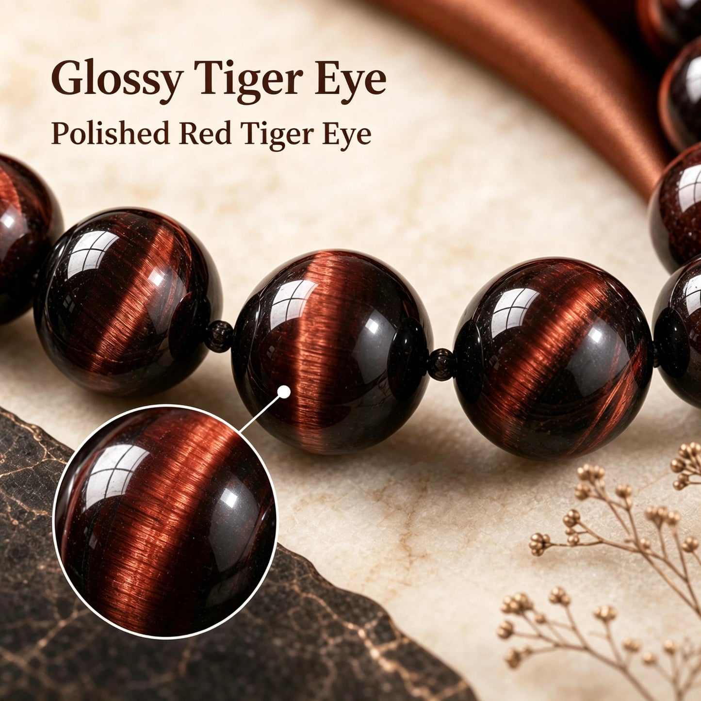 20mm Red Tiger Eye Round Beaded Bracelet, Polished Stone Bead Bracelet, Handmade Jewelry Gift for Men