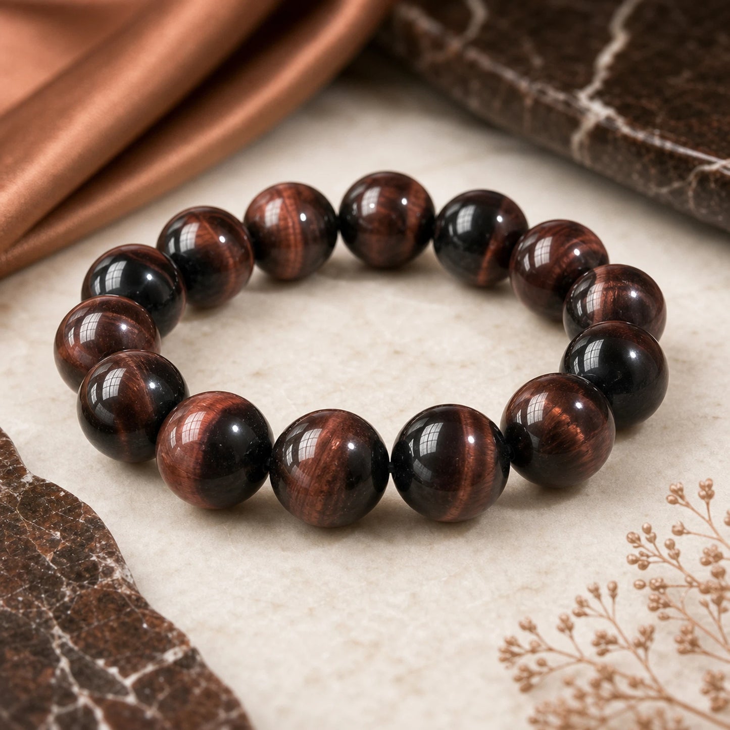 20mm Red Tiger Eye Round Beaded Bracelet, Polished Stone Bead Bracelet, Handmade Jewelry Gift for Men