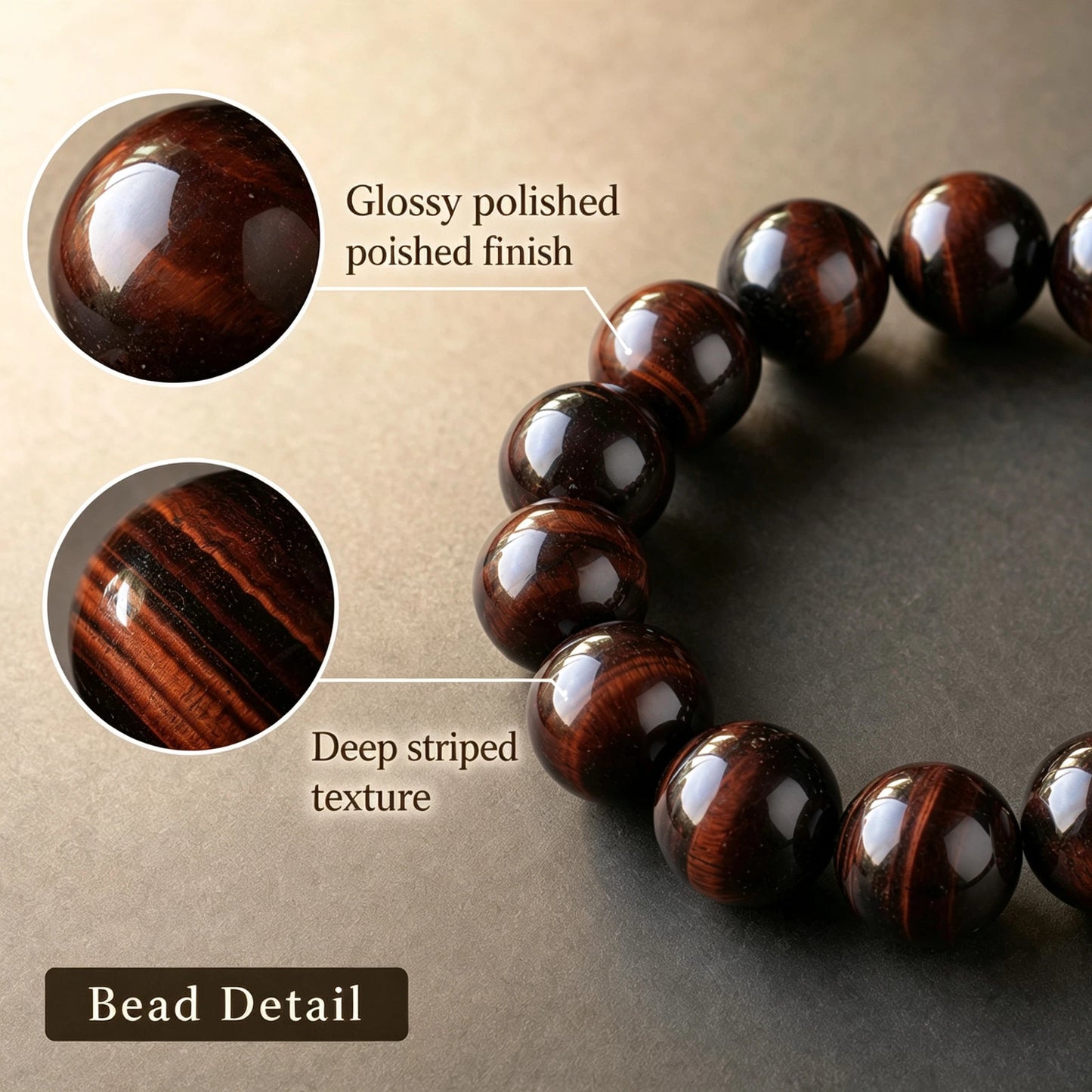 16mm Red Tiger Eye Round Beaded Bracelet, Polished Stone Bead Bracelet, Handmade Jewelry Gift for Men Women