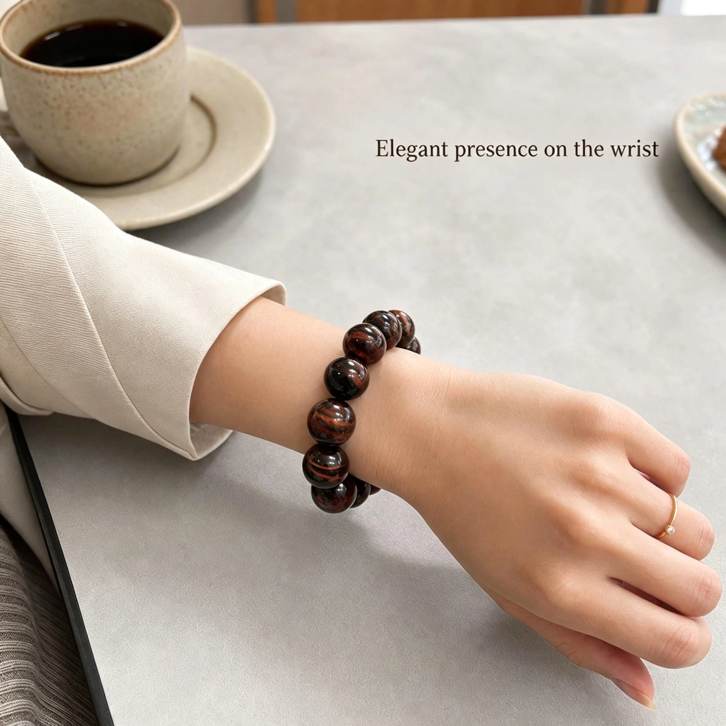 16mm Red Tiger Eye Round Beaded Bracelet, Polished Stone Bead Bracelet, Handmade Jewelry Gift for Men Women