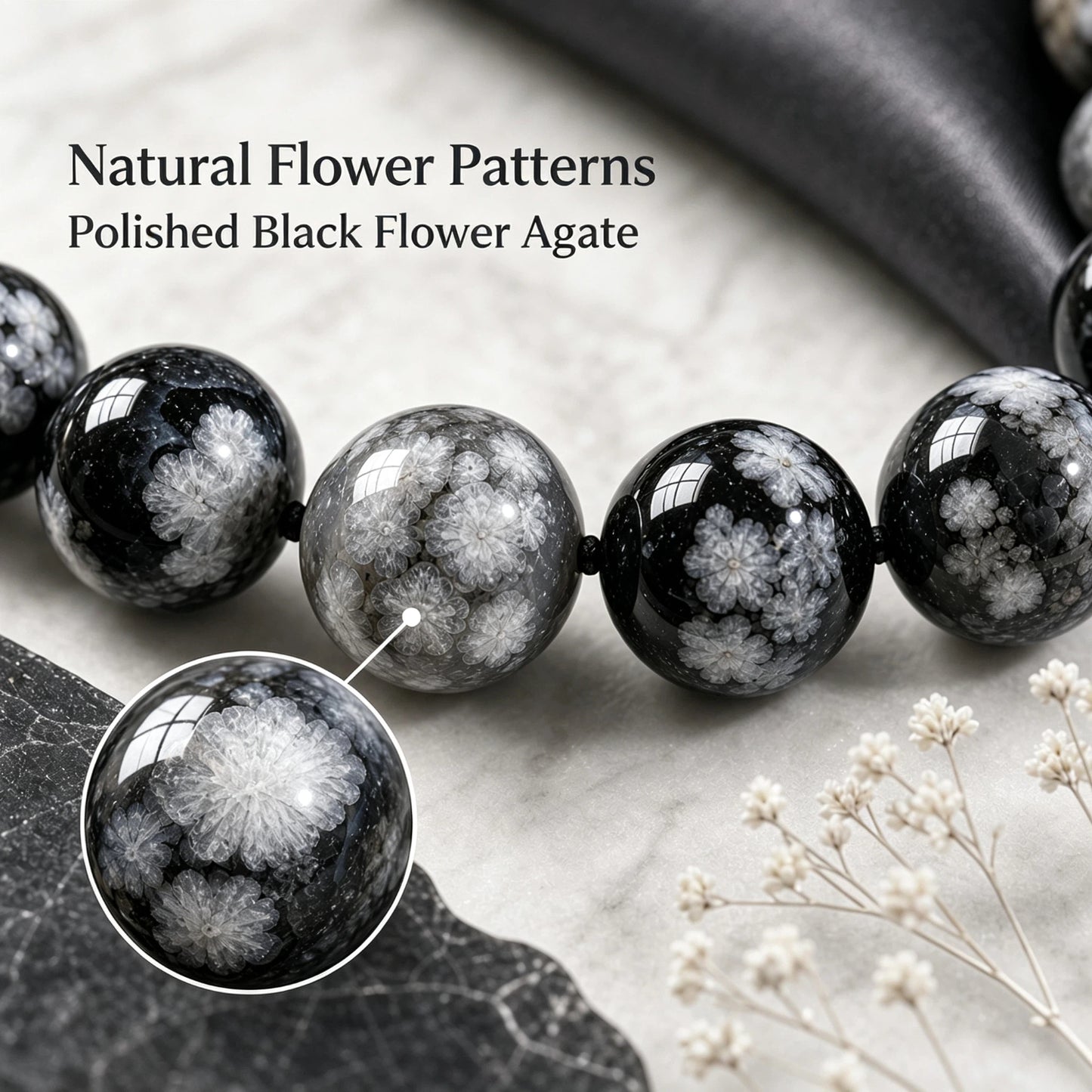 12mm Black Flower Agate Round Beaded Bracelet, Polished Stone Bead Bracelet, Handmade Jewelry Gift for Men Women