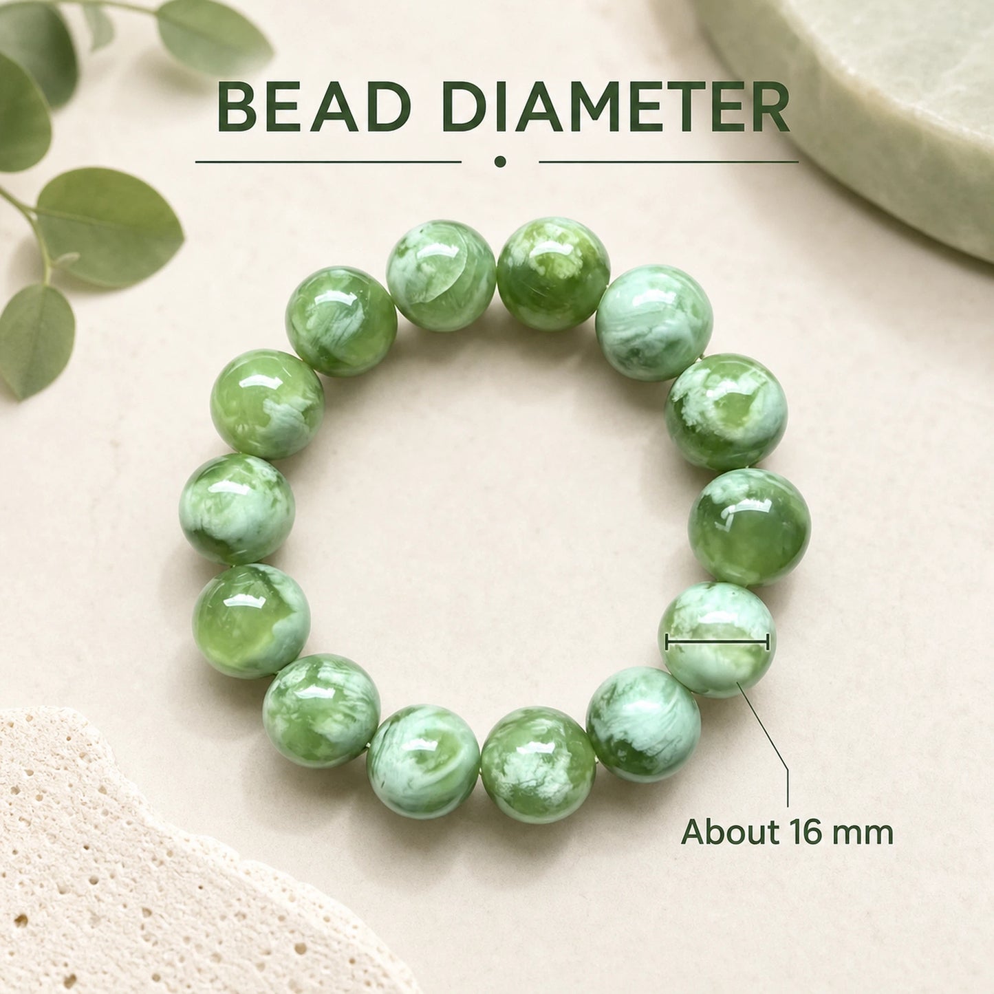 Serpentine Jade Round Beaded Bracelet, 16mm Smooth Polished Stone Bead Bracelet, Fashion Handmade Jewelry Accessory for Men Women, Gift for Collection