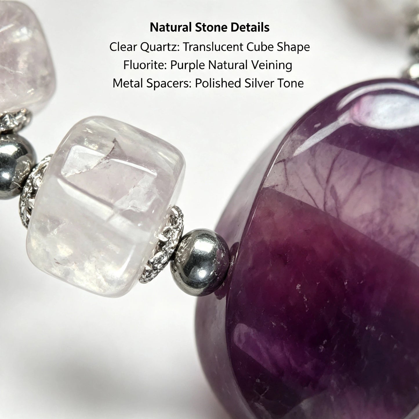Clear Quartz & Purple Fluorite Bracelet, 16mm Cube Clear Quartz Beads Handmade Stone Jewelry for Women Men