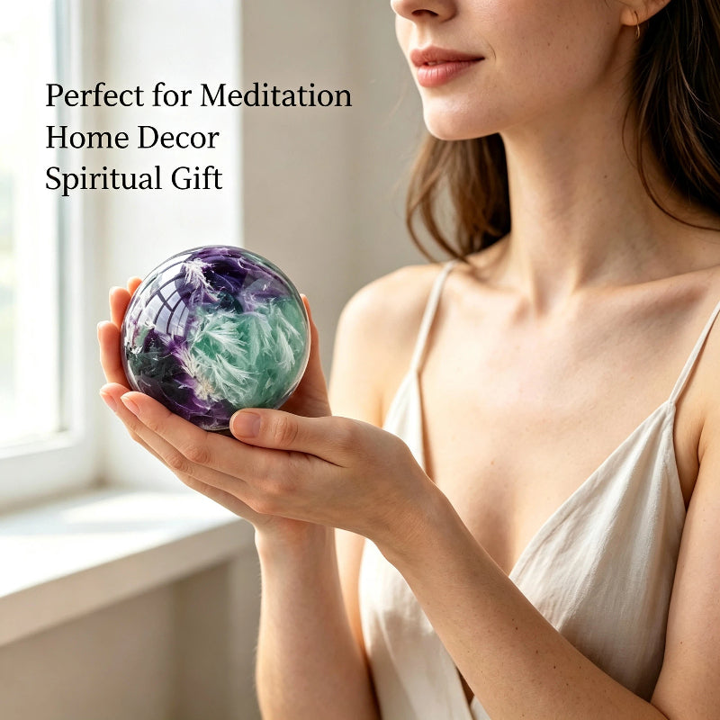 Natural feather fluorite crystal ball