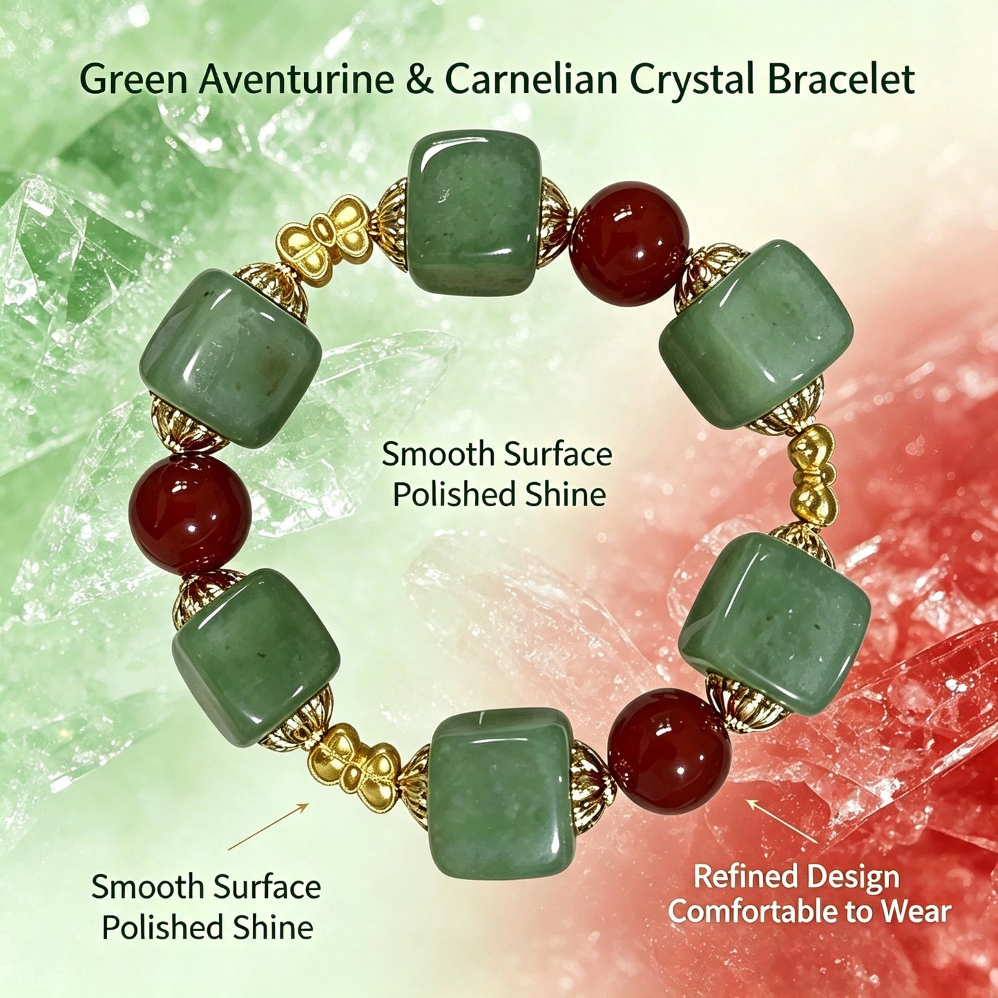 Green Aventurine Carnelian Beaded Bracelet, Natural Stone Bracelet with Gold Spacers for Men Women