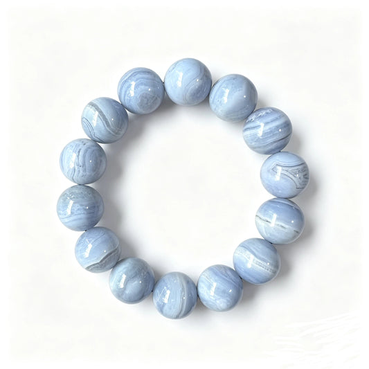 Blue Lace Agate Round Beaded Bracelet, 16mm Polished Stone Bead Bracelet, Handmade Fashion Jewelry Accessory for Men Women, Gift & Collection Ornament