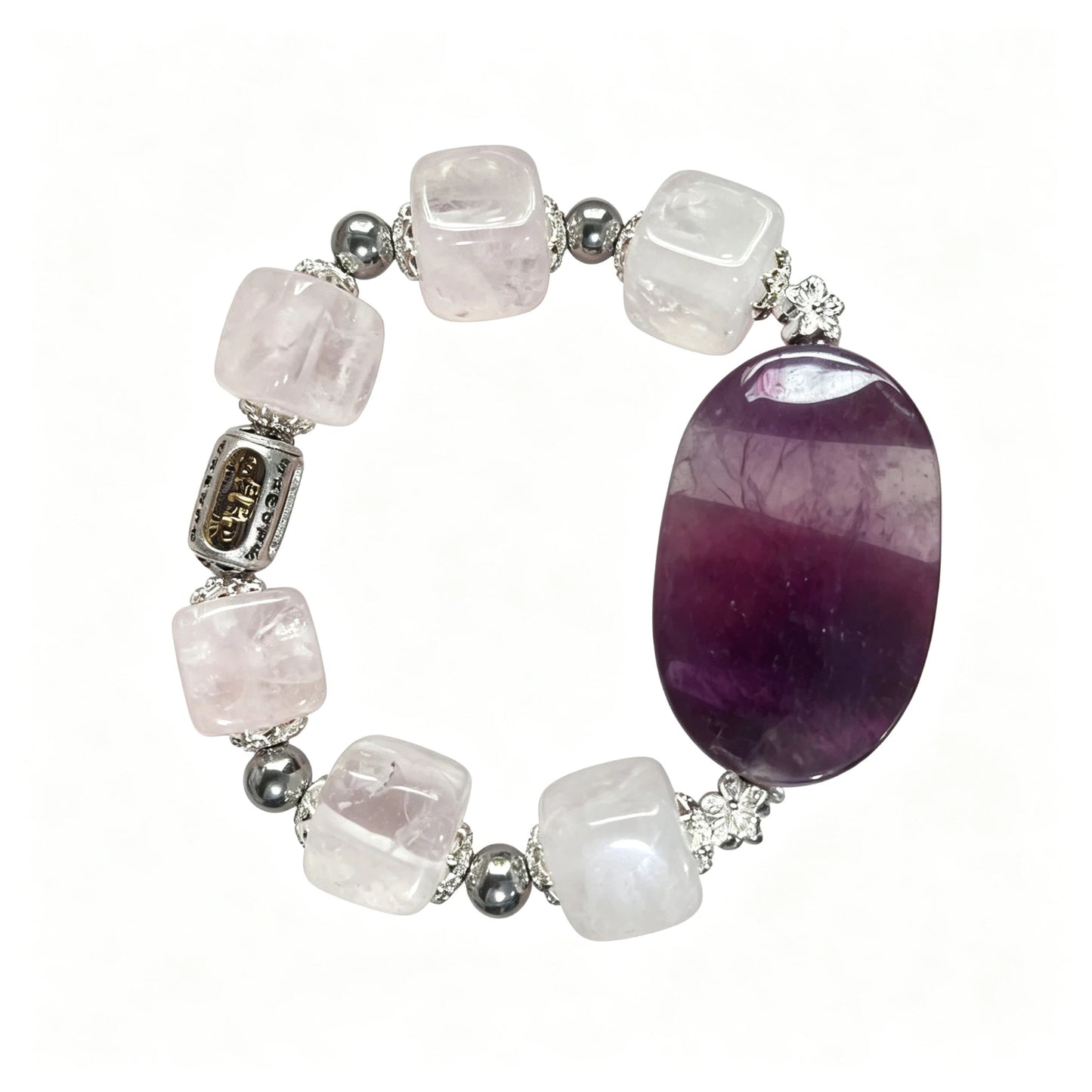 Clear Quartz & Purple Fluorite Bracelet, 16mm Cube Clear Quartz Beads Handmade Stone Jewelry for Women Men