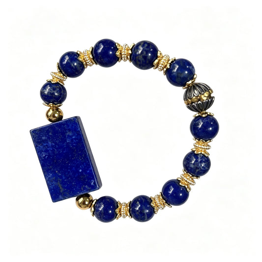 12mm Lapis Lazuli Bracelet with Rectangle Pendant, Handmade Natural Stone Beaded Jewelry for Men Women