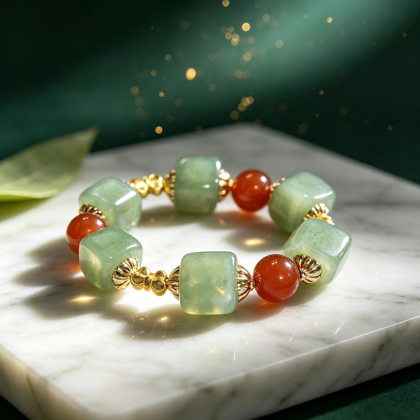 Green Aventurine Carnelian Beaded Bracelet, Natural Stone Bracelet with Gold Spacers for Men Women