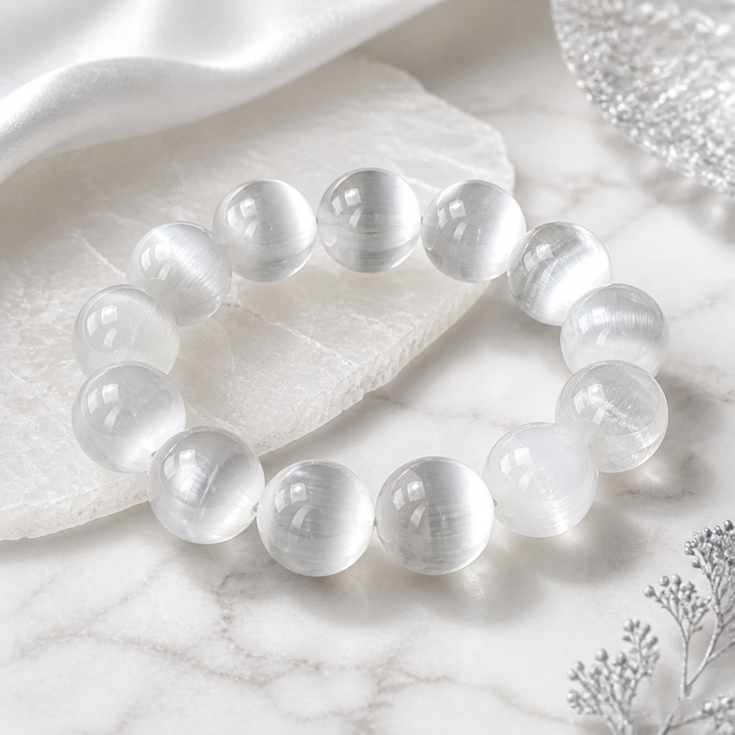 Selenite Round Beaded Bracelet, 20mm Smooth Polished Stone Bead Bracelet, Handmade Fashion Jewelry Accessory for Men Women, Gift & Collection Ornament