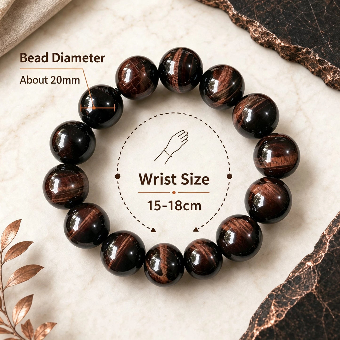 20mm Red Tiger Eye Round Beaded Bracelet, Polished Stone Bead Bracelet, Handmade Jewelry Gift for Men