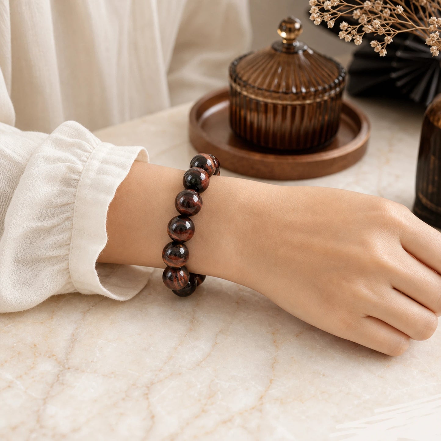 20mm Red Tiger Eye Round Beaded Bracelet, Polished Stone Bead Bracelet, Handmade Jewelry Gift for Men